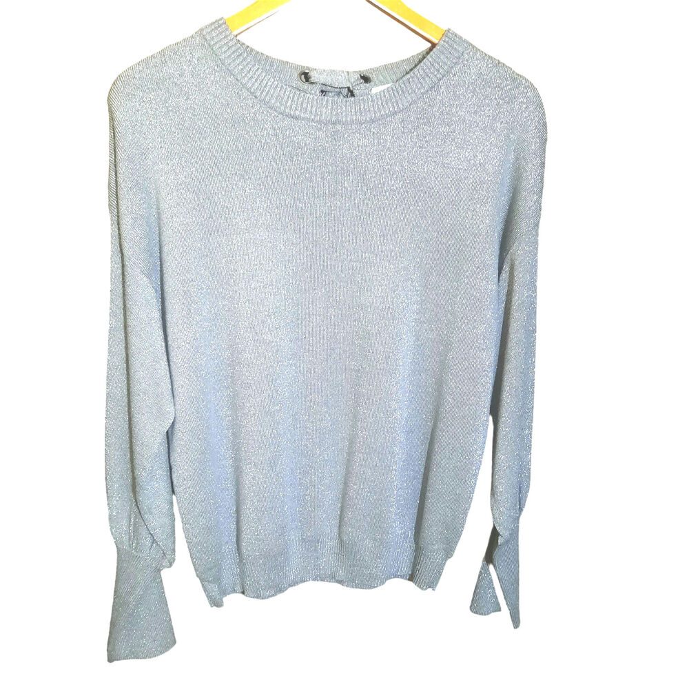 Blue Lemon Womens Silver Bishop Sleeve Keyhole Tie Back Sweater Size Small NWT